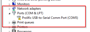 Notice in above picture, yellow triangle next to "Prolific USB-to-Serial Comm Port (COM X)". That means correct driver version is not installed.